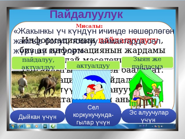 Пайдалуулук Мисалы: Информациянын пайдалуулугу , биз ал информациянын жардамы менен кандай маселени чече ала тургандыгыбыз менен бааланат. Информациянын пайдалуулугу конкреттүү пайдалануучунун зарылдыктары менен аныкталат. «Жакынкы үч күндүн ичинде нөшөрлөгөн жамгыр болуп, тоолуу аймактарда сел жүрүшү күтүлөт» пайдалуу, актуалдуу Зыян же пайдасыз актуалдуу Сел коркунучунда-гылар үчүн Эс алуучулар үчүн Дыйкан үчүн 