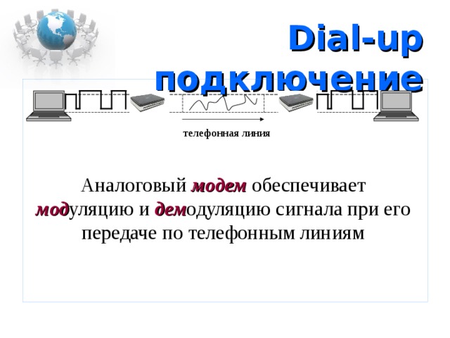 Dial-up подключение телефонная линия Аналоговый модем обеспечивает мод уляцию и дем одуляцию сигнала при его передаче по телефонным линиям 