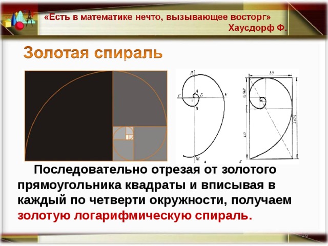 Последовательно отрезая от золотого прямоугольника квадраты и вписывая в каждый по четверти окружности, получаем золотую логарифмическую спираль. 14 