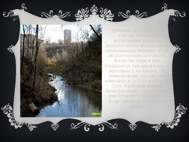 Протекая по территории города, эти реки испытывают сильное антропогенное воздействие, оказывающее влияние на их экологическое состояние. Качество воды в них ухудшается при движении от верховьев к низовьям. По химическому составу оно изменяется от 1-го класса до 3-го. Наиболее плохое качество воды — в низовьях рек Егошихи и Данилихи. Вода там непригодна для питья. 