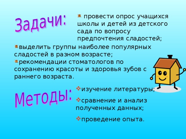  провести опрос учащихся школы и детей из детского сада по вопросу предпочтения сладостей; выделить группы наиболее популярных сладостей в разном возрасте; рекомендации стоматологов по сохранению красоты и здоровья зубов с раннего возраста. изучение литературы; сравнение и анализ полученных данных; проведение опыта. 
