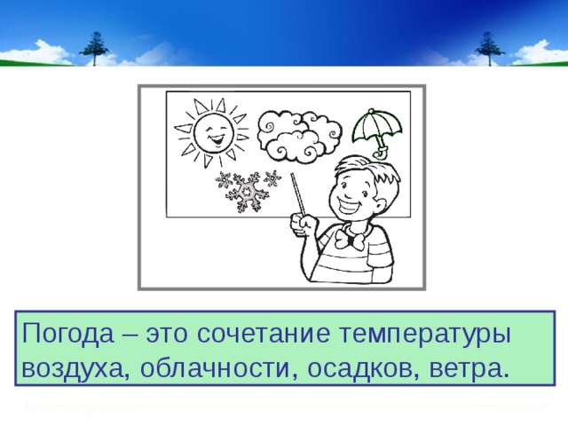 Погода – это сочетание температуры воздуха, облачности, осадков, ветра. 