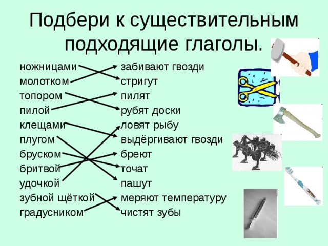 Подбери к существительным подходящие глаголы. ножницами молотком топором пилой клещами плугом бруском бритвой удочкой зубной щёткой градусником забивают гвозди стригут пилят рубят доски ловят рыбу выдёргивают гвозди бреют точат пашут меряют температуру чистят зубы 