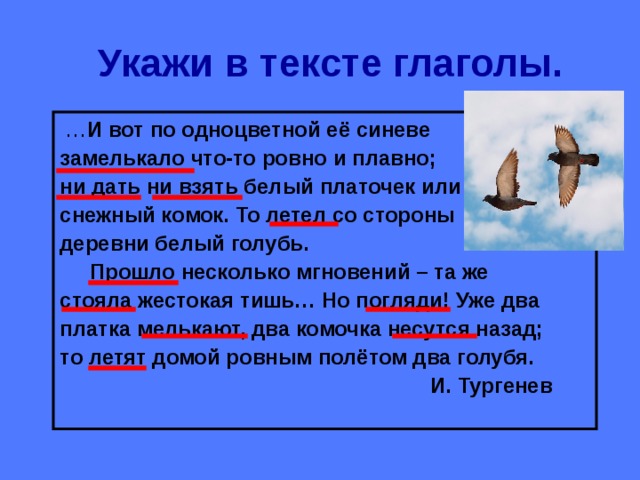 Укажи в тексте глаголы. … И вот по одноцветной её синеве замелькало что-то ровно и плавно; ни дать ни взять белый платочек или снежный комок. То летел со стороны деревни белый голубь.  Прошло несколько мгновений – та же стояла жестокая тишь… Но погляди! Уже два платка мелькают, два комочка несутся назад; то летят домой ровным полётом два голубя.  И. Тургенев 