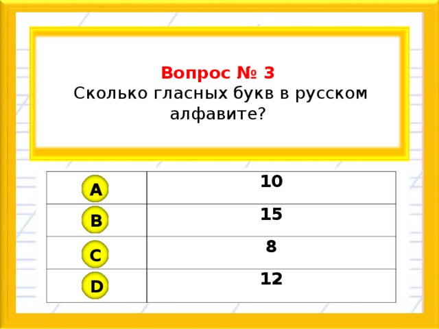   Вопрос № 3  Сколько гласных букв в русском алфавите?   10 15 8 12 A B C D 