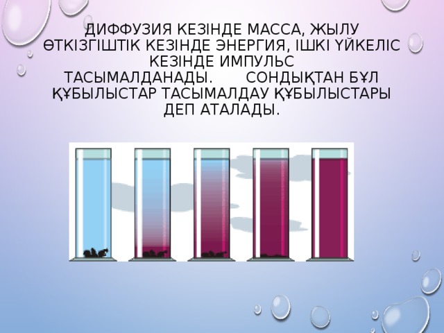 Диффузия кезінде масса, жылу өткізгіштік кезінде энергия, ішкі үйкеліс кезінде импульс тасымалданады.       Сондықтан бұл құбылыстар тасымалдау құбылыстары деп аталады. 