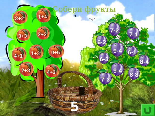 Собери фрукты 1+4 3+2 7-2 7-1 2+2 3+3 6-2 9-4 6-1 0+5 1+3 4+1 6-3 8-4 9-4 2+3 4+2 8-3 7-3 5 