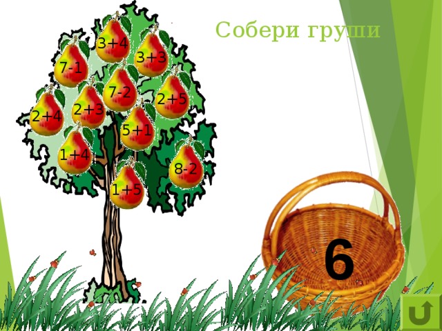 Собери груши 3+4 3+3 7-1 7-2 2+5 2+3 2+4 5+1 1+4 8-2 1+5 6 