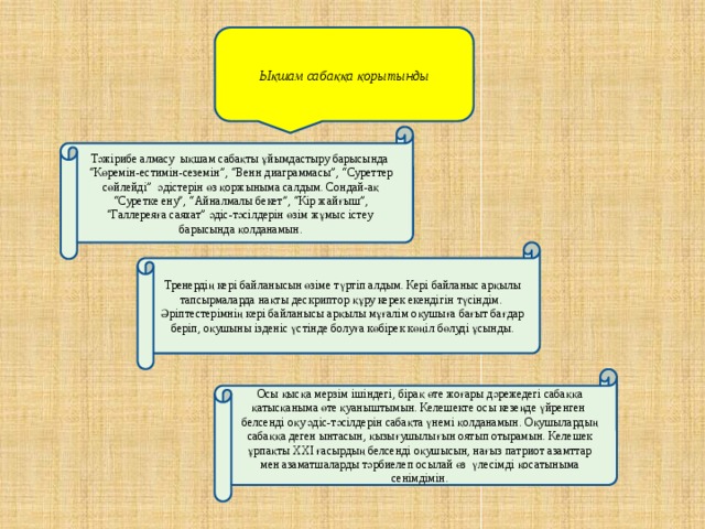 Ықшам сабаққа қорытынды Тәжірибе алмасу ықшам сабақты ұйымдастыру барысында “Көремін-естимін-сеземін”, “Венн диаграммасы”, “Суреттер сөйлейді” әдістерін өз қоржыныма салдым. Сондай-ақ “Суретке ену”, “Айналмалы бекет”, “Кір жайғыш”, “Галлереяға саяхат” әдіс-тәсілдерін өзім жұмыс істеу барысында қолданамын. Тренердің кері байланысын өзіме түртіп алдым. Кері байланыс арқылы тапсырмаларда нақты дескриптор құру керек екендігін түсіндім. Әріптестерімнің кері байланысы арқылы мұғалім оқушыға бағыт бағдар беріп, оқушыны ізденіс үстінде болуға көбірек көңіл бөлуді ұсынды. Осы қысқа мерзім ішіндегі, бірақ өте жоғары дәрежедегі сабаққа қатысқаныма өте қуаныштымын. Келешекте осы кезеңде үйренген белсенді оқу әдіс-тәсілдерін сабақта үнемі қолданамын. Оқушылардың сабаққа деген ынтасын, қызығушылығын оятып отырамын. Келешек ұрпақты ХХІ ғасырдың белсенді оқушысын, нағыз патриот азамттар мен азаматшаларды тәрбиелеп осылай өз үлесімді қосатыныма сенімдімін. 