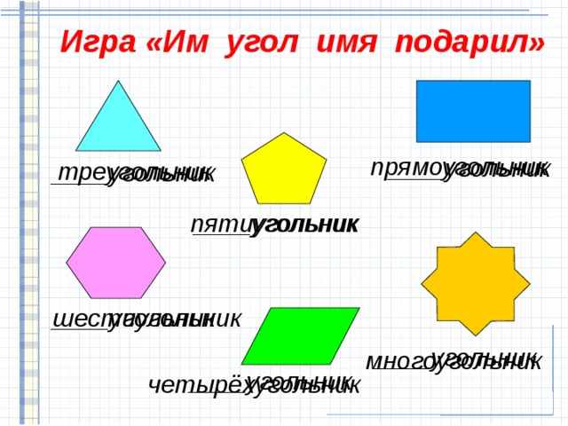 Игра «Им угол имя подарил» прямоугольник ____угольник треугольник ____угольник ____угольник пятиугольник шестиугольник ____угольник ____угольник многоугольник ____угольник четырёхугольник 