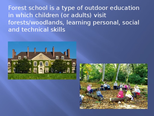 Forest school is a type of outdoor education in which children (or adults) visit forests/woodlands, learning personal, social and technical skills 