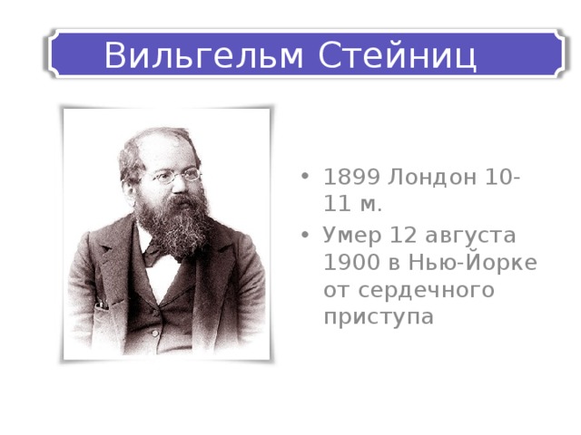 Вильгельм  Стейниц 1899 Лондон 10-11 м. Умер 12 августа 1900 в Нью-Йорке от сердечного приступа 