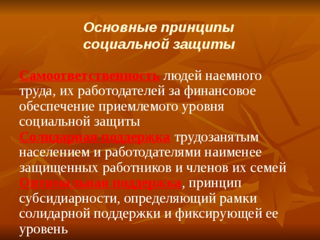 Основные принципы социальной защиты Самоответственность людей наемного труда, их работодателей за финансовое обеспечение приемлемого уровня социальной защиты Солидарная поддержка  трудозанятым населением и работодателями наименее защищенных работников и членов их семей Оптимальная поддержка , принцип субсидиарности, определяющий рамки солидарной поддержки и фиксирующей ее уровень 