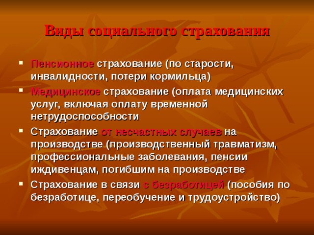 Виды социального страхования Пенсионное страхование (по старости, инвалидности, потери кормильца) Медицинское страхование (оплата медицинских услуг, включая оплату временной нетрудоспособности Страхование от  несчастных случаев на производстве (производственный травматизм, профессиональные заболевания, пенсии иждивенцам, погибшим на производстве Страхование в связи с безработицей (пособия по безработице, переобучение и трудоустройство)  