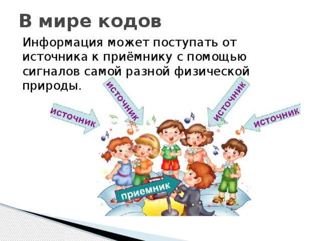 В мире кодов Информация может поступать от источника к приёмнику с помощью сигналов самой разной физической природы. 