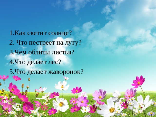 1.Как светит солнце? 2. Что пестреет на лугу? 3.Чем облиты листья? 4.Что делает лес? 5.Что делает жаворонок? 