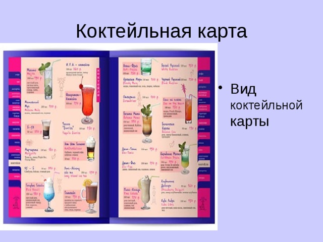 Коктейльная карта Вид коктейльной карты 