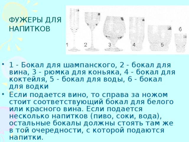 ФУЖЕРЫ ДЛЯ НАПИТКОВ 1 - Бокал для шампанского, 2 - бокал для вина, 3 - рюмка для коньяка, 4 - бокал для коктейля, 5 - бокал для воды, 6 - бокал для водки Если подается вино, то справа за ножом стоит соответствующий бокал для белого или красного вина. Если подается несколько напитков (пиво, соки, вода), остальные бокалы должны стоять там же в той очередности, с которой подаются напитки.   