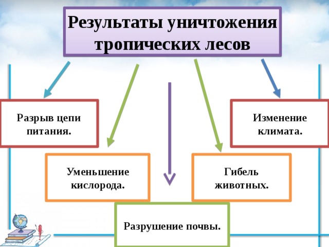 Результаты уничтожения тропических лесов Разрыв цепи питания. Изменение климата. Уменьшение кислорода. Гибель животных. Разрушение почвы. 