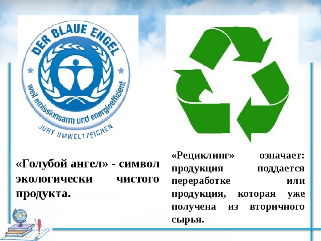 «Рециклинг» означает: продукция поддается переработке или продукция, которая уже получена из вторичного сырья. «Голубой ангел» - символ экологически чистого продукта. 
