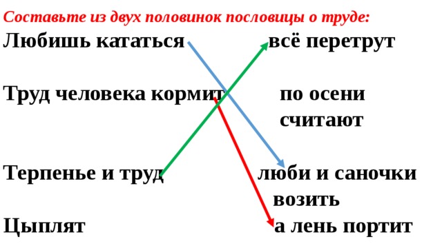 Пословица кормит портит. Труд кормит а лень пословица. Закончи пословицы любишь кататься. Составить из двух половинок пословицы о труде. Пословицы про трудолюбие и лень любишь кататься.