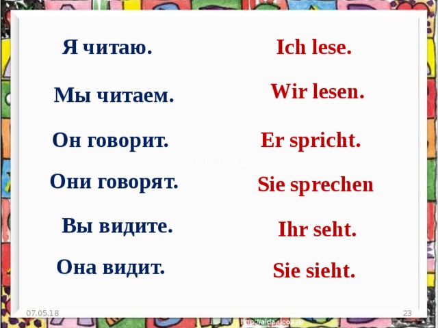Я читаю. Ich lese. Wir lesen. Мы читаем. Er spricht. Он говорит. Они говорят. Sie sprechen Вы видите. Ihr seht. Она видит. Sie sieht. 07.05.18