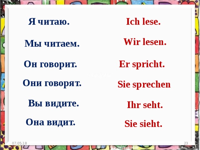 Я читаю. Ich lese. Wir lesen. Мы читаем. Er spricht. Он говорит. Они говорят. Sie sprechen Вы видите. Ihr seht. Она видит. Sie sieht. 07.05.18  