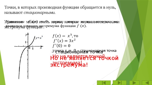 Точки, в которых производная функции обращается в нуль, называют стационарными. Уравнение может иметь корни, которые не являются точками экстремума функции .        – стационарная точка Но не является точкой экстремума! 
