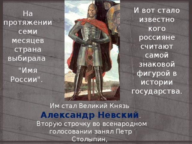 И вот стало известно кого россияне считают самой знаковой фигурой в истории государства. На протяжении семи месяцев страна выбирала 