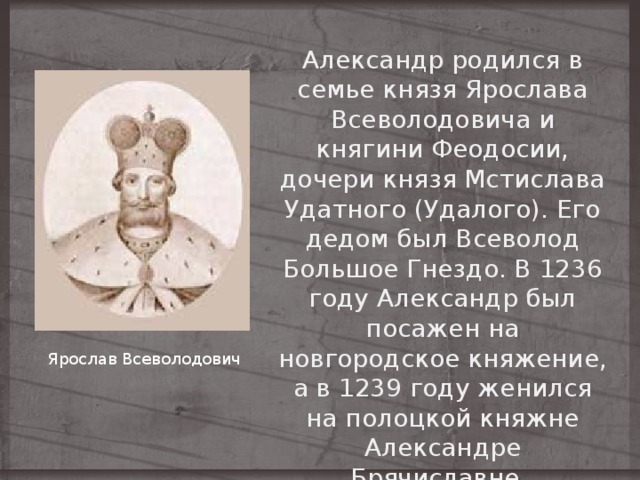 Александр родился в семье князя Ярослава Всеволодовича и княгини Феодосии, дочери князя Мстислава Удатного (Удалого). Его дедом был Всеволод Большое Гнездо. В 1236 году Александр был посажен на новгородское княжение, а в 1239 году женился на полоцкой княжне Александре Брячиславне. Ярослав Всеволодович 
