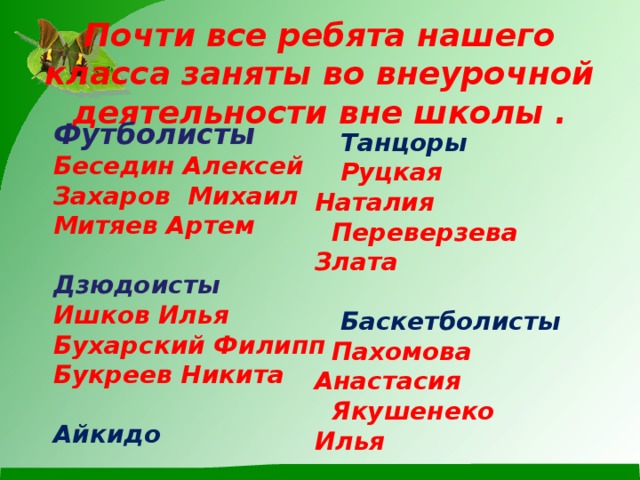  Почти все ребята нашего класса заняты во внеурочной деятельности вне школы . Футболисты Беседин Алексей Захаров Михаил Митяев Артем  Дзюдоисты Ишков Илья Бухарский Филипп Букреев Никита  Айкидо  Якушев Андрей    Танцоры  Руцкая Наталия  Переверзева Злата   Баскетболисты  Пахомова Анастасия  Якушенеко Илья 