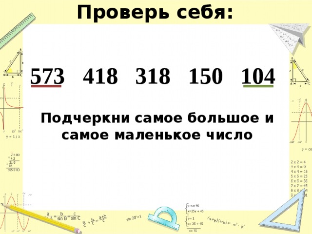 Проверь себя: 573 418 318 150 104 Подчеркни самое большое и самое маленькое число  