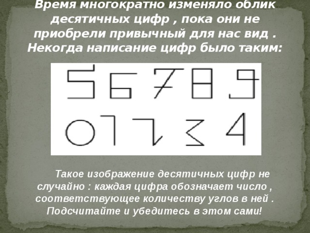 Время многократно изменяло облик десятичных цифр , пока они не приобрели привычный для нас вид . Некогда написание цифр было таким: Такое изображение десятичных цифр не случайно : каждая цифра обозначает число , соответствующее количеству углов в ней . Подсчитайте и убедитесь в этом сами! 