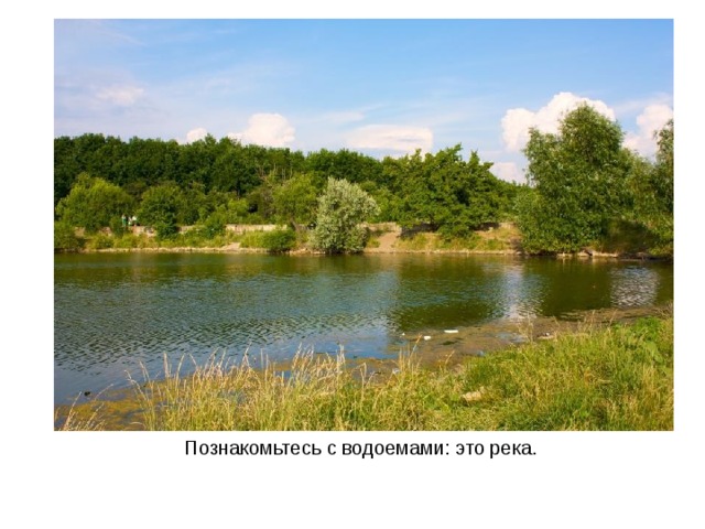 Познакомьтесь с водоемами: это река. 