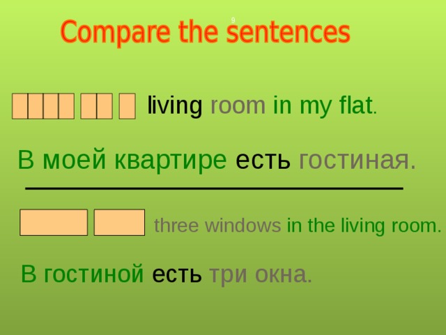  living room  in my flat . В моей квартире есть гостиная. three windows  in the living room. В гостиной есть три окна. 