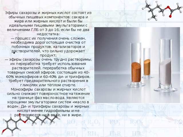Эфиры сахарозы и жирных кислот состоят из обычных пищевых компонентов: сахара и жира или жирных кислот и были бы идеальными пищевыми эмульгаторами с величинами ГЛБ от 3 до 16, если бы не два недостатка: — процесс их получения очень сложен, необходима дорогостоящая очистка от побочных продуктов, катализаторов и растворителей, что сильно удорожает продукт; — эфиры сахарозы очень трудно растворимы; их переработка требует использования растворителей, переработка обычных товарных смесей эфиров, состоящих из 40-60% моноэфиров и 60-40% ди- и триэфиров, требует предварительного растворения в гликолях или тёплом спирте. Моноэфиры сахарозы и жирных кислот сильно снижают поверхностное натяжение на границе фаз масло-вода, являются хорошими эмульгаторами систем «масло в воде». Ди- и триэфиры сахарозы и жирных кислот менее гидрофильны и не растворяются ни в воде, ни в жире. . 