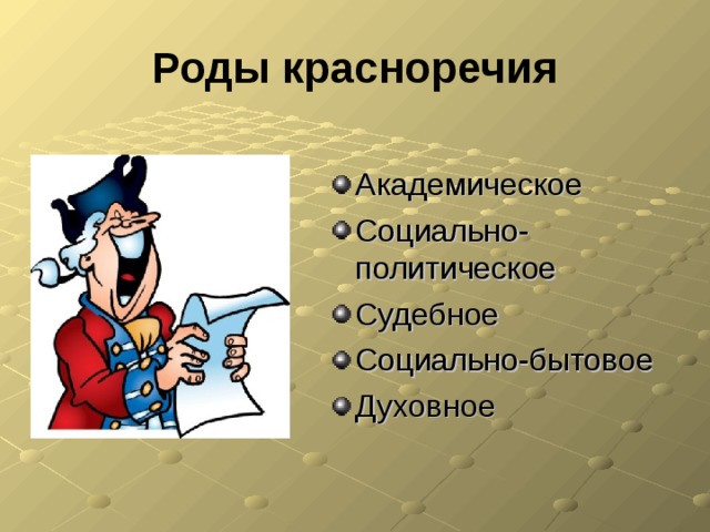 Роды красноречия Академическое Социально-политическое Судебное Социально-бытовое Духовное 