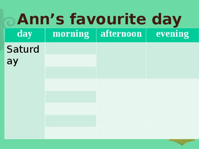 Ann’s favourite day day morning Saturday afternoon evening 