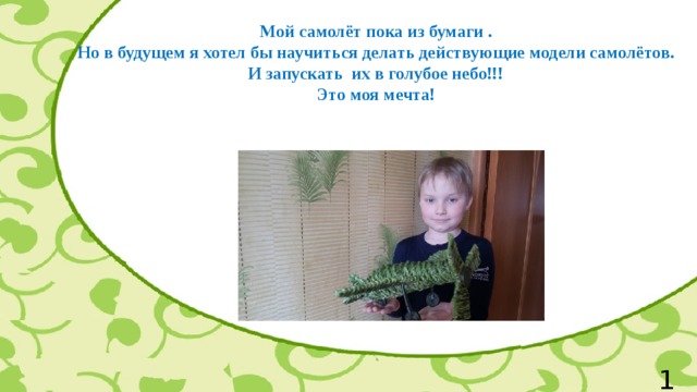 Мой самолёт пока из бумаги . Но в будущем я хотел бы научиться делать действующие модели самолётов. И запускать их в голубое небо!!! Это моя мечта!    13 