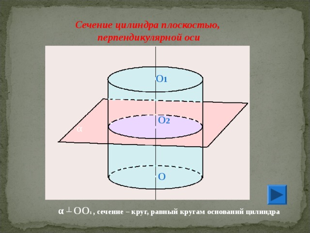 Сечение цилиндра плоскостью, перпендикулярной оси O 1 O 2 α O α  ┴  OO 1 ,  сечение – круг, равный кругам оснований цилиндра 