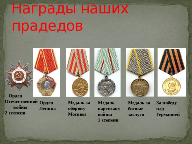 Награды наших прадедов  Орден Отечественной войны 2 степени Медаль за оборону Москвы Орден Ленина Медаль партизану войны Медаль за боевые заслуги За победу над Германией 1 степени 