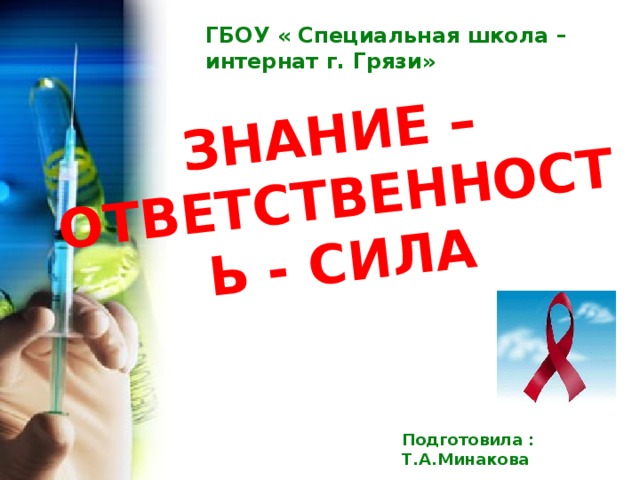 ЗНАНИЕ – ОТВЕТСТВЕННОСТЬ - СИЛА ГБОУ « Специальная школа – интернат г. Грязи» Подготовила : Т.А.Минакова 