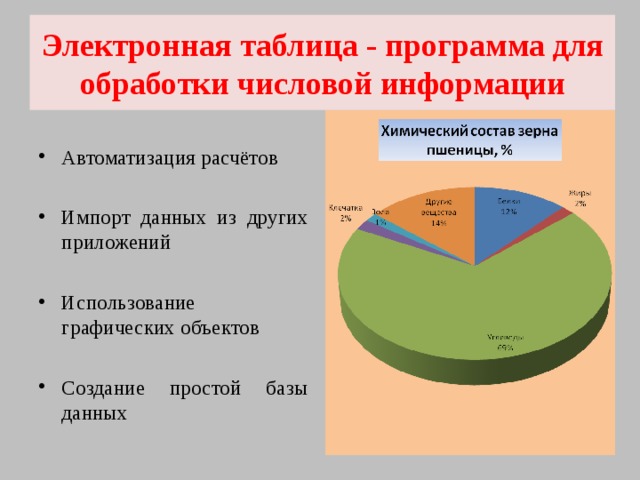 Электронная таблица - программа для обработки числовой информации Автоматизация расчётов  Импорт данных из других приложений  Использование графических объектов  Создание простой базы данных  