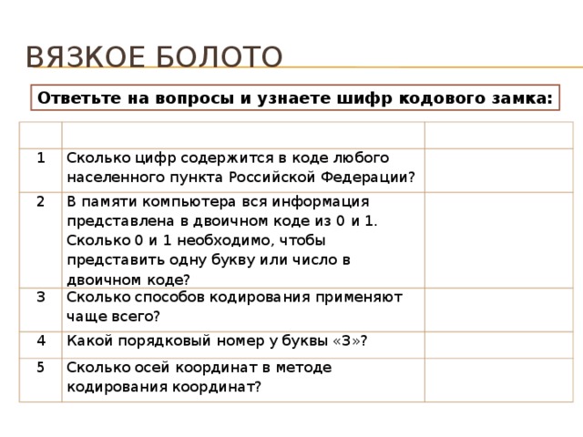 Вязкое болото Ответьте на вопросы и узнаете шифр кодового замка: № Вопрос 1 Ответ (число) Сколько цифр содержится в коде любого населенного пункта Российской Федерации? 2 В памяти компьютера вся информация представлена в двоичном коде из 0 и 1. Сколько 0 и 1 необходимо, чтобы представить одну букву или число в двоичном коде? 3 Сколько способов кодирования применяют чаще всего? 4 Какой порядковый номер у буквы «З»? 5 Сколько осей координат в методе кодирования координат? 