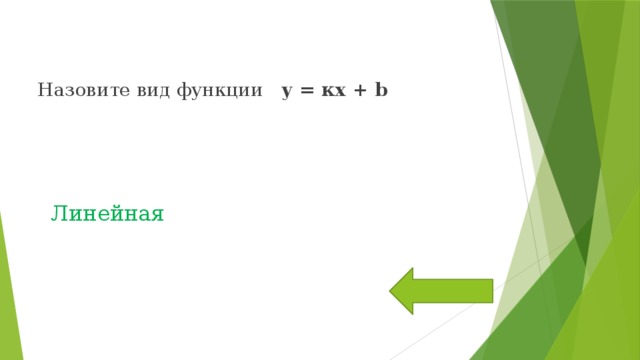  Назовите вид функции у = кх + b Линейная 