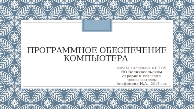 Программное обеспечение компьютера Работа выполнена в ГПОУ ЯО Великосельском аграрном колледже преподавателем Агафонова И.А ., 2018 год 