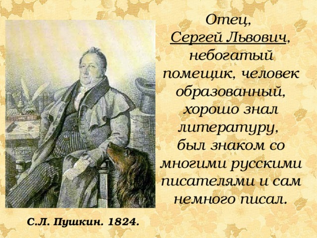 Отец, Сергей Львович , небогатый помещик, человек образованный, хорошо знал литературу, был знаком со многими русскими писателями и сам немного писал. С.Л. Пушкин. 1824. 