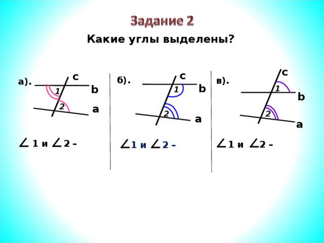 Какие углы выделены? c c c б). в). а). b b 1 1 1 b 2 a 2 2 a a  1 и 2 –  1 и 2 –  1 и 2 –  