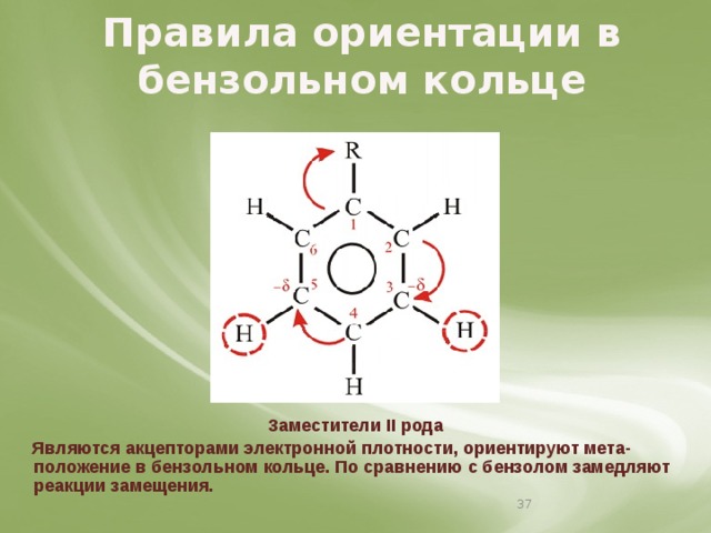 Электронное положение. Заместители 1 порядка в бензольном кольце. Ориентация заместителей в бензольном кольце таблица. Заместитель второго рода в бензольном кольце. Заместители 2 рода в бензольном кольце.