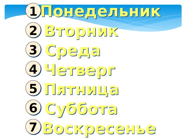 Понедельник 1 Вторник 2 Среда 3 Четверг 4 Пятница 5 Суббота 6 Воскресенье 7  